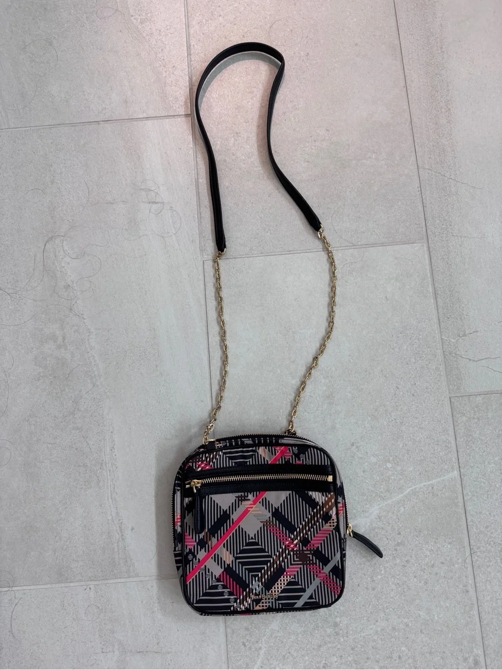 Vera Bradley Black and Ref Plaid Crossbody with Gold Chain